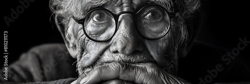 close-up of an older man with glasses, black background photo