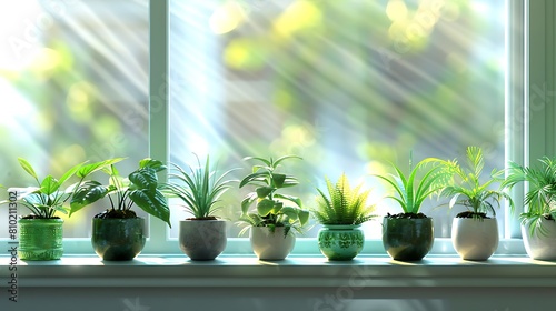 A row of vibrant green potted plants lined up on a windowsill, bringing a breath of fresh air into the room