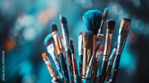 A set of artistic brushes arranged neatly in a cup, each one ready to create masterpieces on a blank canvas photo