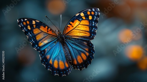 A very beautiful blue yellow orange butterfly is flying on a transparent background.