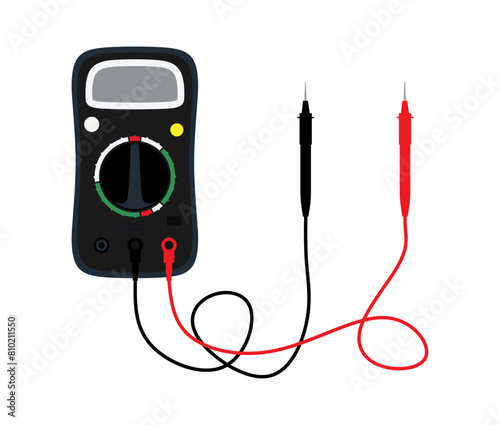 Digital electric multimeter isolated, electrical measuring instrument for check voltage, amperage, ohmmeter, power, resistance. Current measurement, electricity. Colored flat vector illustration
