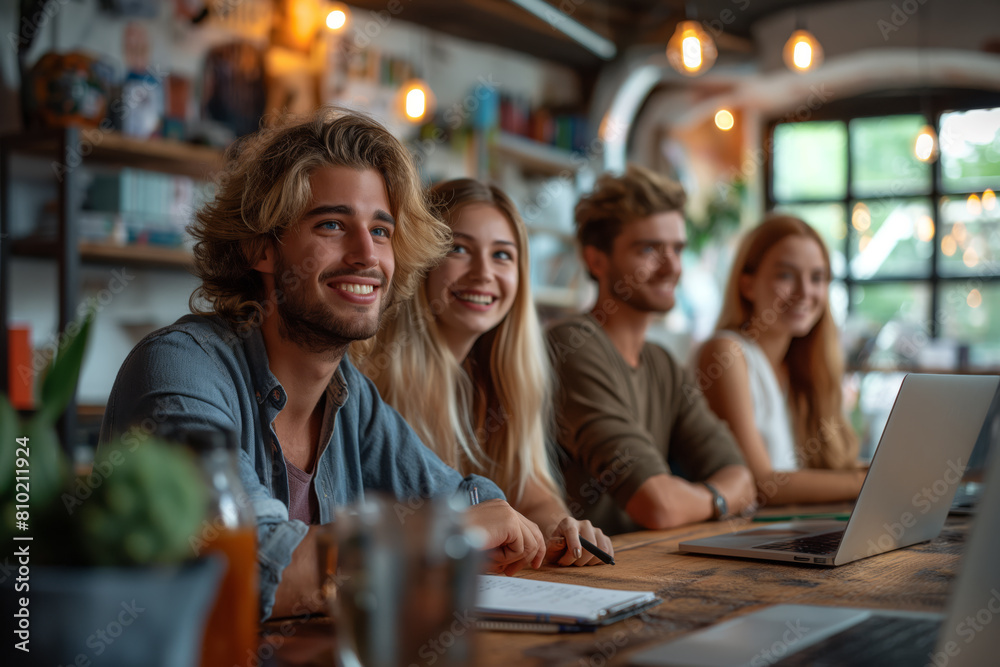 Group of millennial friends laughing together in a cafe Group of millennial friends laughing together in a cafe