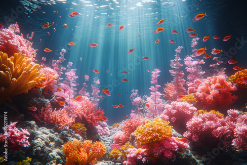 A pristine coral reef teeming with life  from colorful fish to intricate coral formations  representing the biodiversity of marine ecosystems. Concept of coral reef ecosystems. Generative Ai.