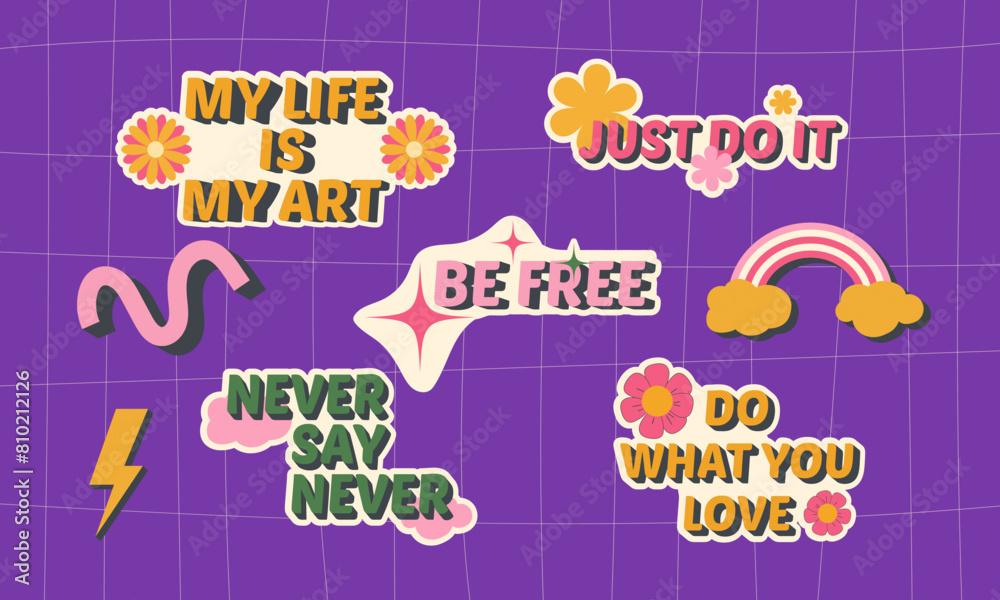 Set of motivational inscriptions in 90s style. Set of bright trendy vector 00s elements Set of motivational inscriptions in 90s style. Set of bright trendy vector 00s elements