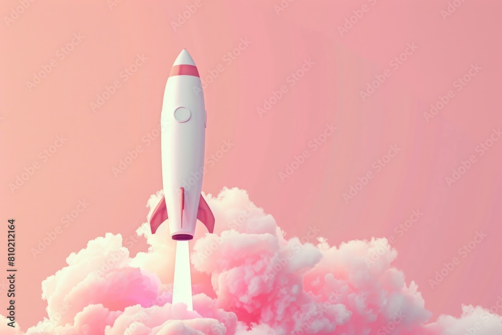 A white rocket is flying through a pink cloud A white rocket is flying through a pink cloud