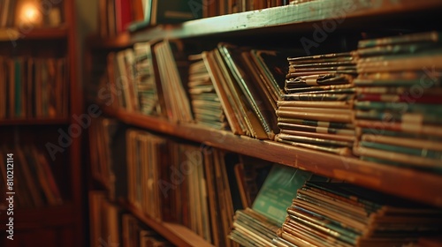 A stack of vintage vinyl records arranged on a shelf, each one promising a journey through musical history