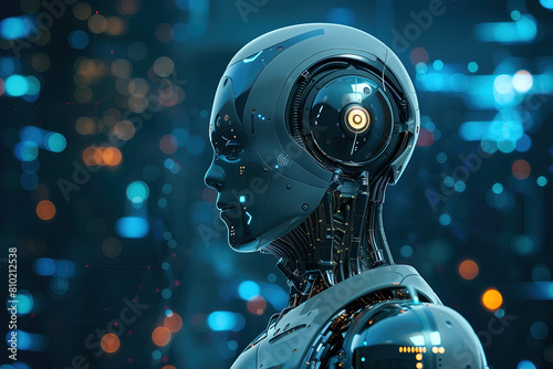 futuristic robot with metallic skin and glowing eyes stands against the backdrop of an illuminated night city in a closeup profile view. Artificial intelligence in technology and future society