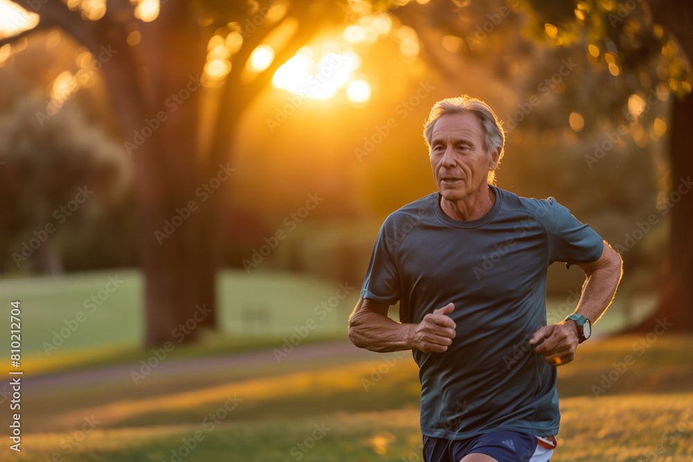 picturesque park at sunset, a senior man runs with determination, prioritizing his well-being and fitness, setting a powerful example for healthy aging. Commercial photo picturesque park at sunset, a senior man runs with determination, prioritizing his well-being and fitness, setting a powerful example for healthy aging. Commercial photo