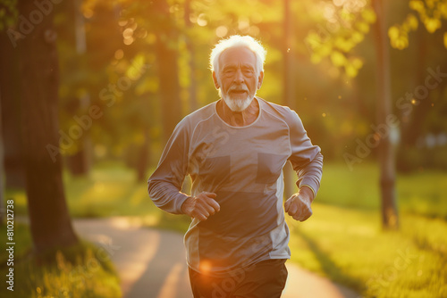 In the tranquil ambiance of a sun-kissed park, a senior gentleman enjoys an evening jog, symbolizing the importance of staying active in later years, inspiring others to join him o