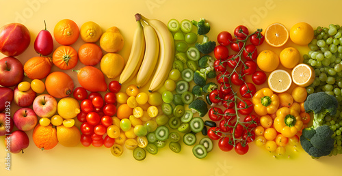 A colorful display of fruits and vegetables arranged in a row