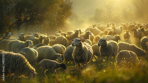 Dew-kissed grass shimmers in the morning light, enveloping a flock of sheep in a serene setting before their sacred journey on Kurban Bayrami photo