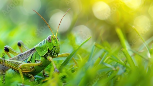 Two green grasshoppers are on a green leaf