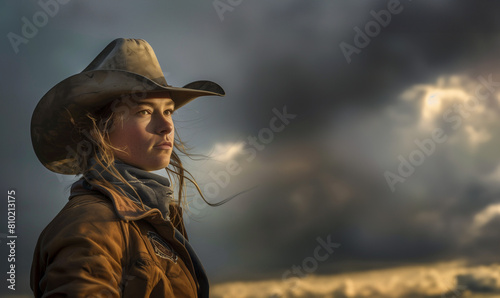 A portrait of female cattle rancher - long hair blowing in the wind. She wears a cowboy hat and the clothing of a rancher - she looks off into the distance with a stormy sky.