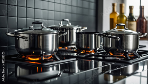 Beautiful pot on the hob in the kitchen modern