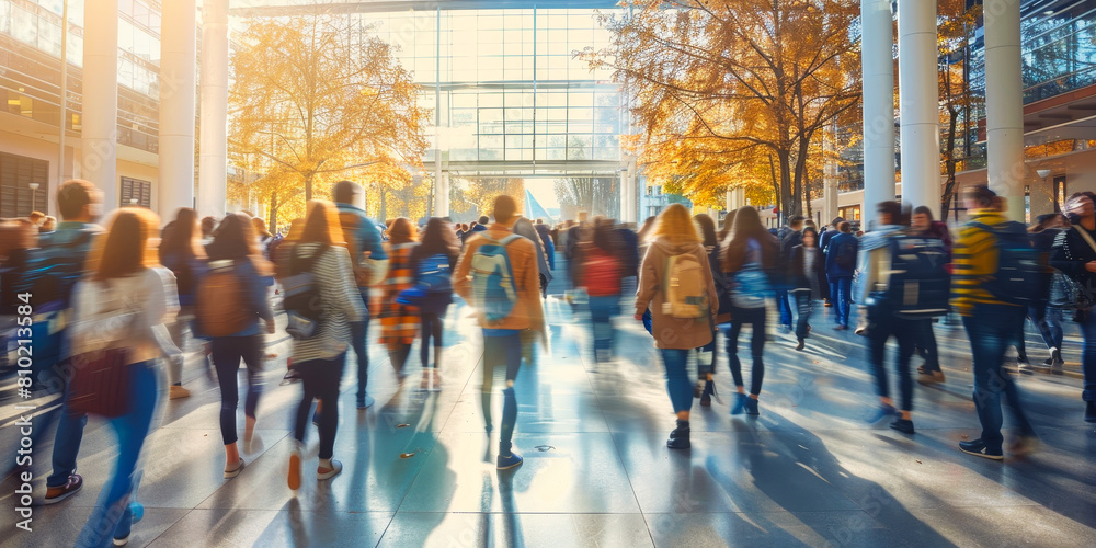 Obraz premium Blurred Motion Students Walking Campus Crowd, College University Education Environment, Moving People Diverse Groups Commuting Classes
