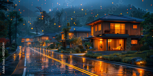 Suburban Smart Home Digital Community Neighborhood - Night View of Interconnected Houses with Data Network Transmissions, IoT Concept Illustration