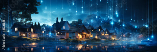 Suburban Night Scene  Digitally Connected Smart Homes Under Starlit Sky  Data Transactions Illuminating Quiet Neighborhood