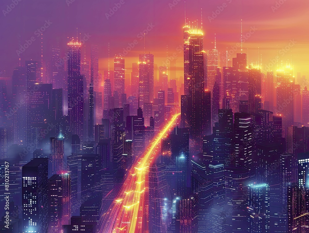 Explore a futuristic metropolis adorned with lively data flows, ideal for cloud computing exhibits.