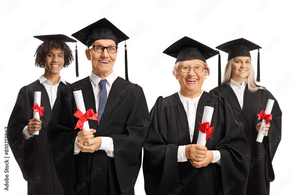 Seniors with young graduate students holding college certificates Seniors with young graduate students holding college certificates