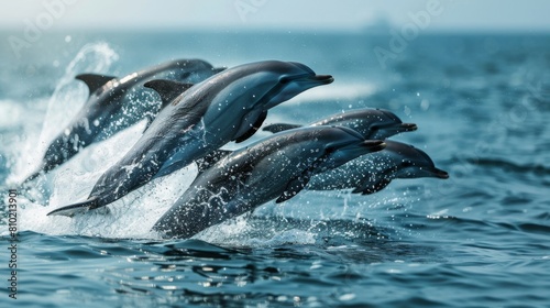 These dolphins captured in mid-leap above ocean waves give a sense of playfulness and agility photo