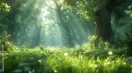 Mystical forest with sunbeams filtering through trees and a meadow of wildflowers, portraying serenity