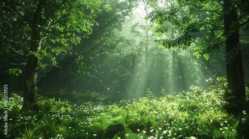 Dreamlike woodland with contrasting light and shadows, highlighting the beauty of a misty morning