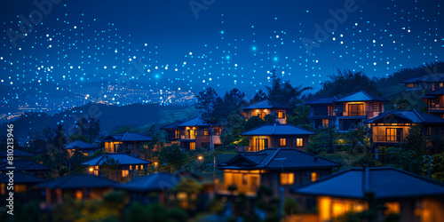 Suburban Night Landscape Illuminated by IoT Digital Network Connectivity