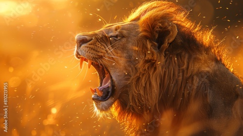 The side profile of a roaring lion  with a mane that seems to catch the fiery glow of the setting sun