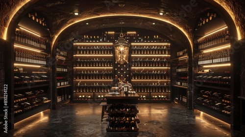 An elegant wine cellar, warmly lit with rows of wine bottles and a tasting table at the center