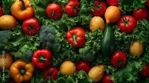 An array of fresh vegetables, with an emphasis on curly kale and ripe tomatoes, packed tightly