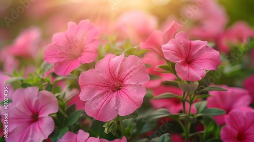 Close-up of soft pink petunias  delicately lit by the gentle rays of the sun  showcasing their beauty and vibrant colors