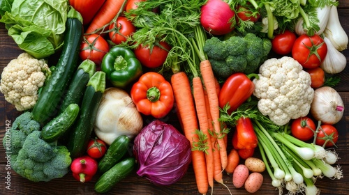 Top view of an assortment of vibrant vegetables showing a variety of colors and textures