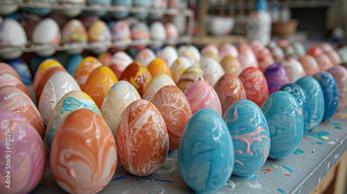 A variety of colorful hand-painted Easter eggs laid out to dry, showcasing artistic craftsmanship photo