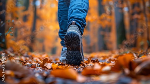 Close-up of a person's feet walking on a bed of fallen autumn leaves, highlighting the season's colors