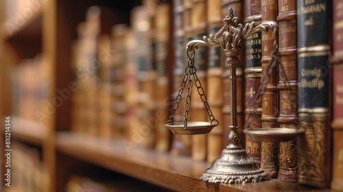 Scales of justice on a bookshelf amongst old legal tomes, symbolizing law