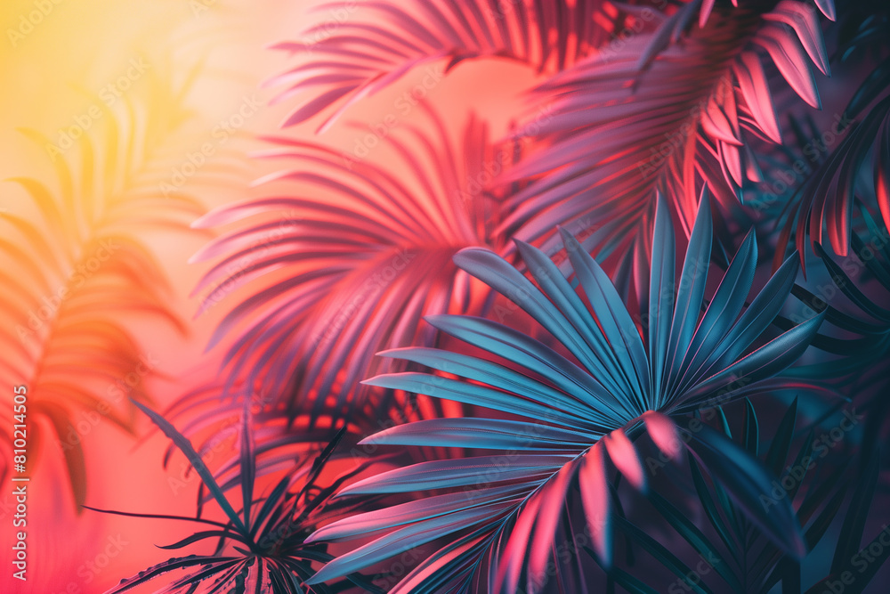 Tropical and palm leaves in bright gradient holographic colors. Concept art. Minimal surrealism, 3D render Tropical and palm leaves in bright gradient holographic colors. Concept art. Minimal surrealism, 3D render