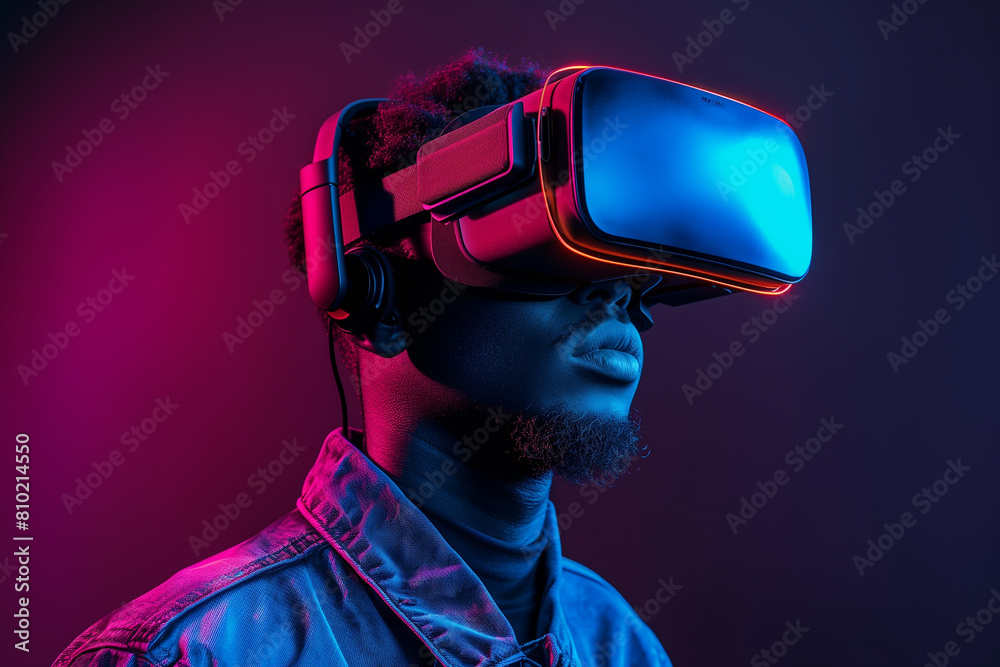 Shot of a man wearing a VR device, 3D render Shot of a man wearing a VR device, 3D render