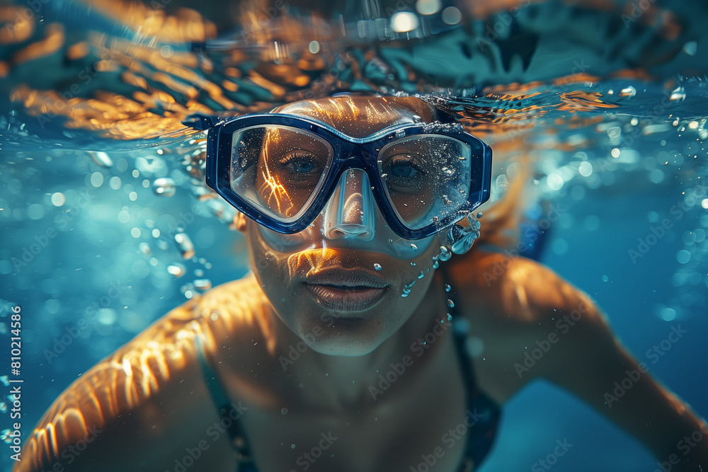 Naklejka premium A woman swimming underwater wearing diving flippers, 3D illustration