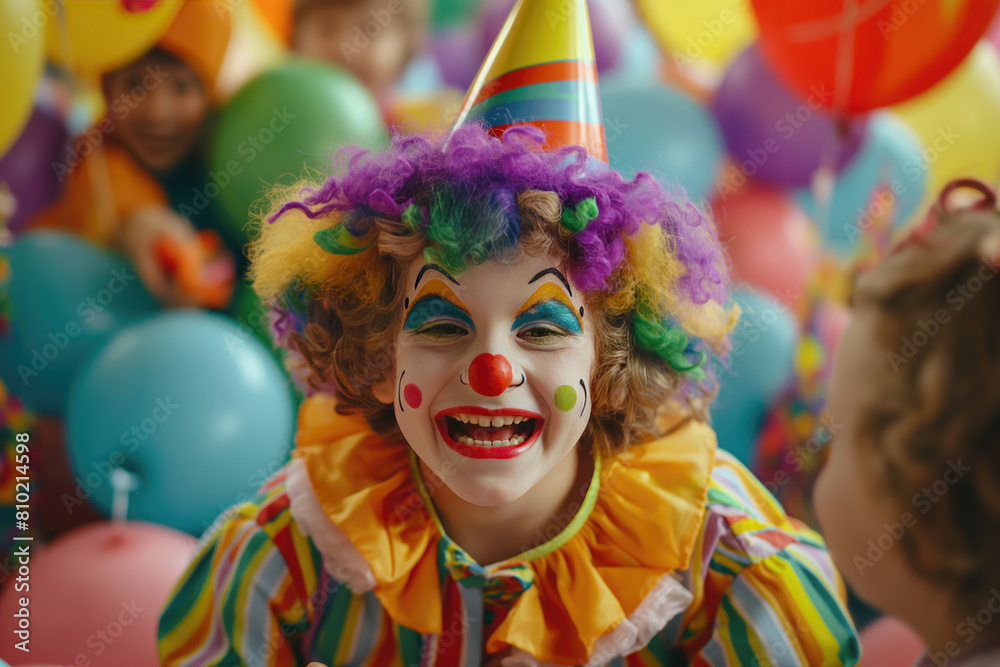 Adult clown animator on kids birthday party. Adult clown animator on kids birthday party.
