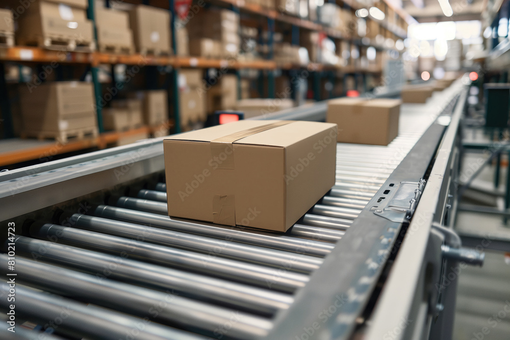 Carton boxes on a conveyor belt in a warehouse, used for storing and managing products in the logistics process. Carton boxes on a conveyor belt in a warehouse, used for storing and managing products in the logistics process.