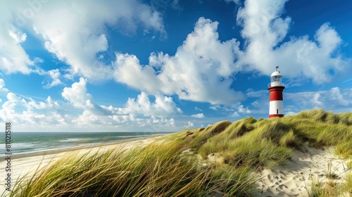 A lighthouse is on a hill overlooking the ocean