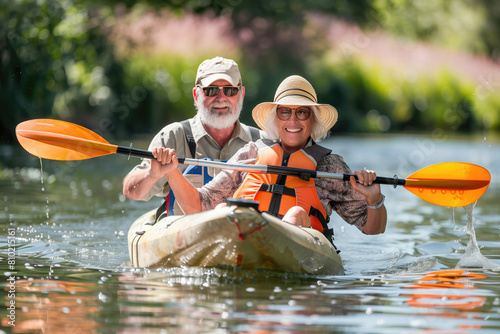 Senior couple kayaking on the river. Healthy elders enjoying summer day outdoors. Sportive people having fun at the nature. Active retirement concept