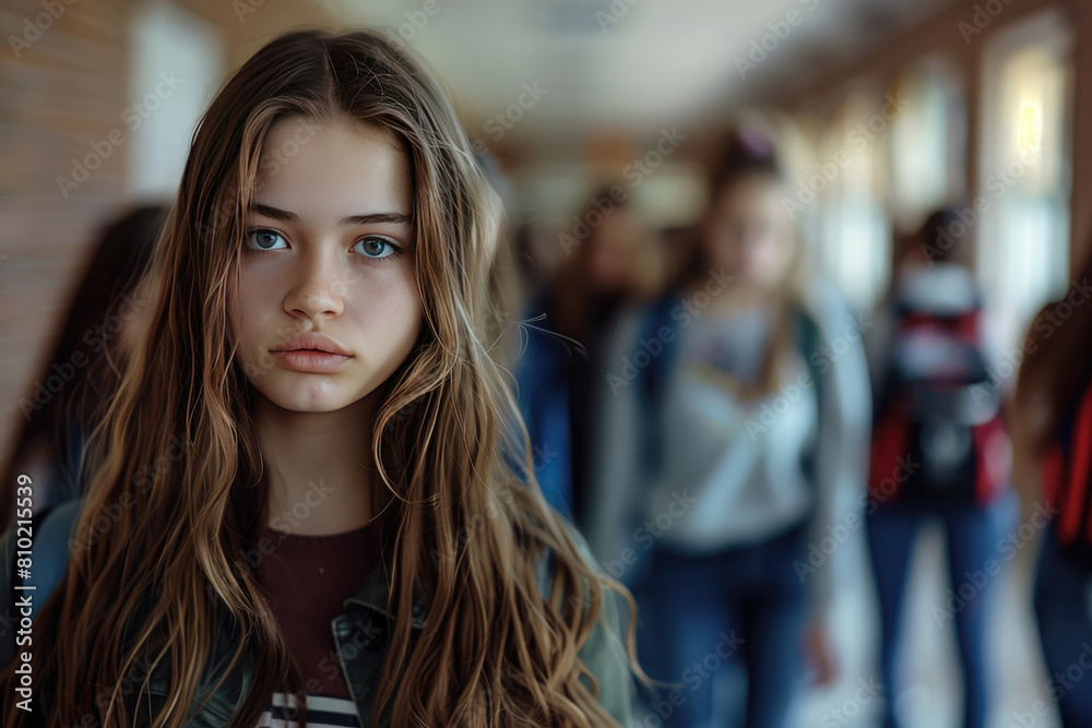 Sad, lonely and depressed teen age girl at school, frustrated after bullying. Mental health, tired and unhappy student in the corridor after problem in class, education fail and social isolation