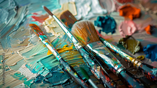 Palette knives with paint brushes in holder closeup