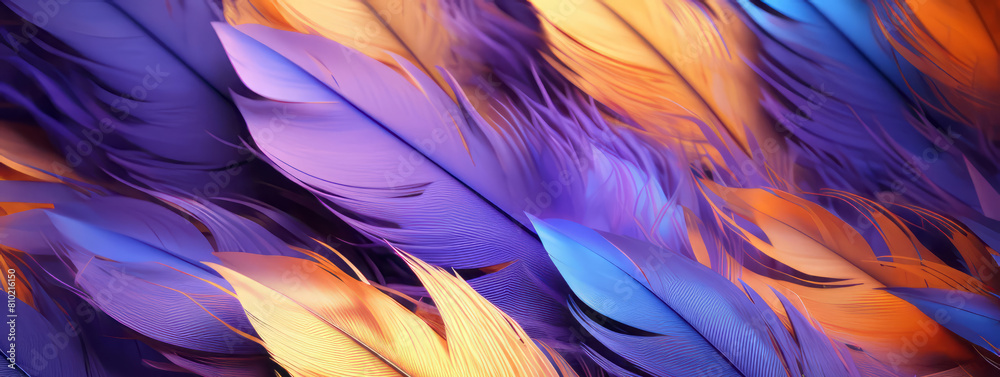 Bright feather background in purple and gold colors. Top view, flat lay. Macro feathers of tropical birds. Beautiful pattern for banner, poster, print with copy space.
