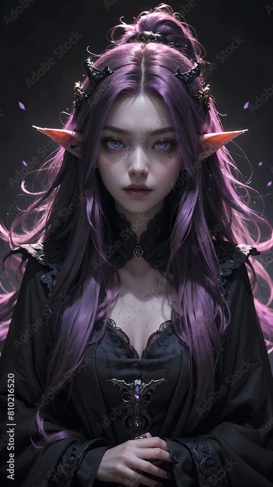 Malevolent elf sorcerer with flowing purple wavy locks fantasy art concept