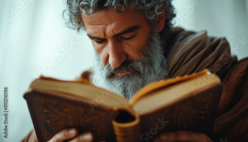 Greek philosopher reading a book, isolated white background, copy space for text 