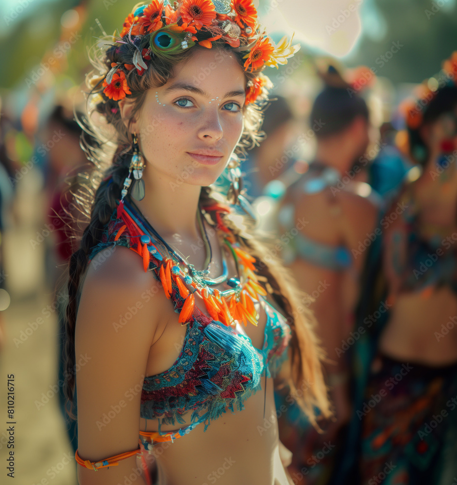 Young woman enjoy a music festival in unique boho gypsy style outfit Young woman enjoy a music festival in unique boho gypsy style outfit