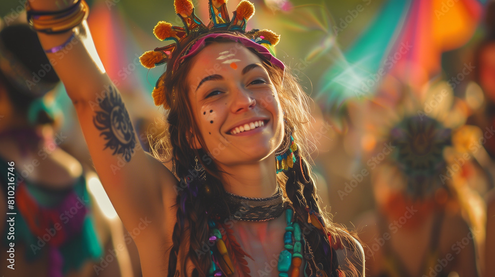 Young woman enjoy a music festival in unique boho gypsy style outfit