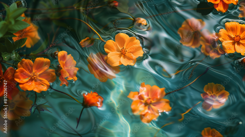 Colorful flowers close up on the surface of the water Colorful flowers close up on the surface of the water